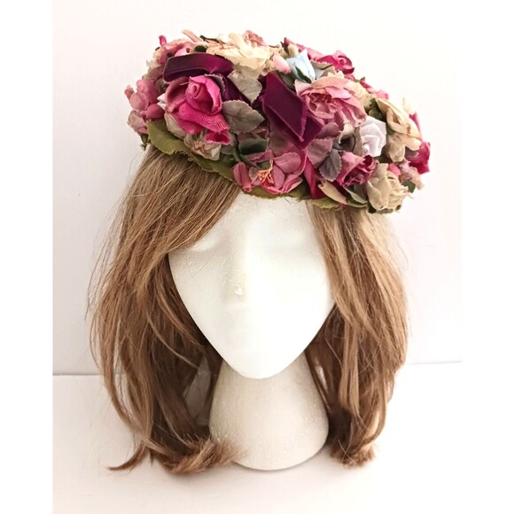 VTG Marche Floral Pillbox Hat Multi Overall 3D Flowers 50-60s Union Made USA - Picture 1 of 9